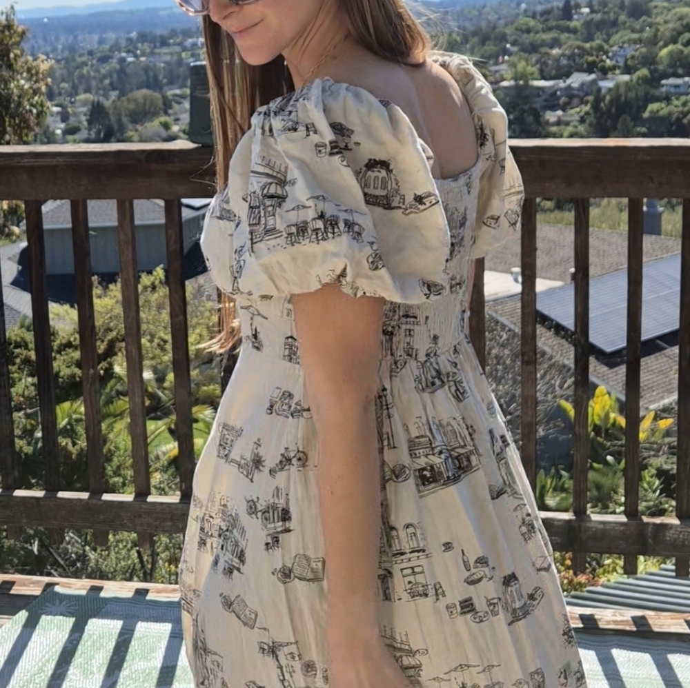 Tulip Creations Toile Cotton Midi Dress M Puff Sleeve Square Neck Cottagecore
